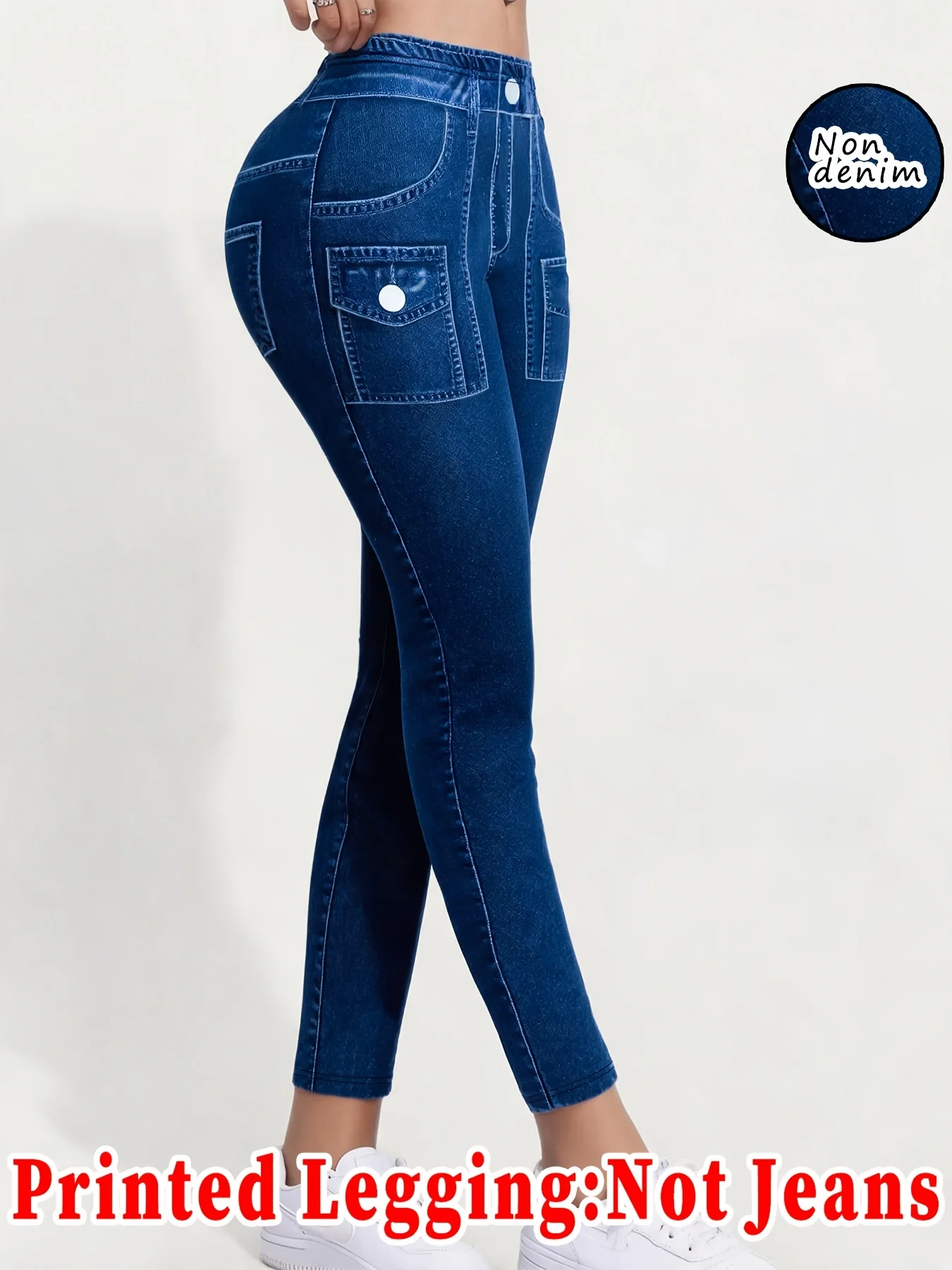 Women Faux Denim Printed Skinny Long Pants High Waist Stretch Non‑Denim Fake Cargo Pockets Slim Fit Leggings Sports Casual