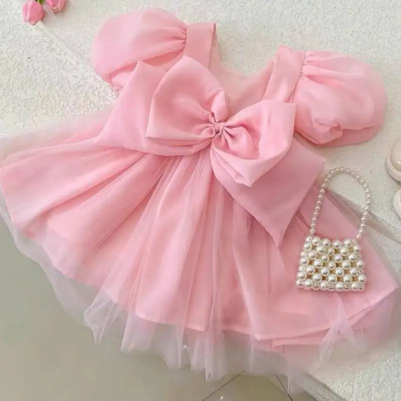 Girls Big Bow Mesh Stitching Brocade Backless Dress Princess Toddler Kids Baby Ruffles Tutu Birthday Wedding Party Dresses