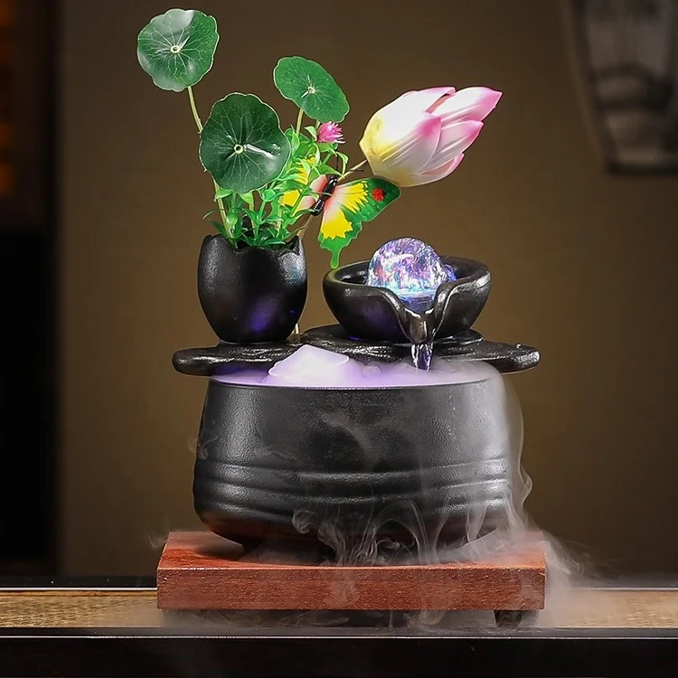 Creative Chinese Zen Garden Style Flowing Water Ornament Ceramic Tabletop Fountain Feng Shui Waterfall with Sphere