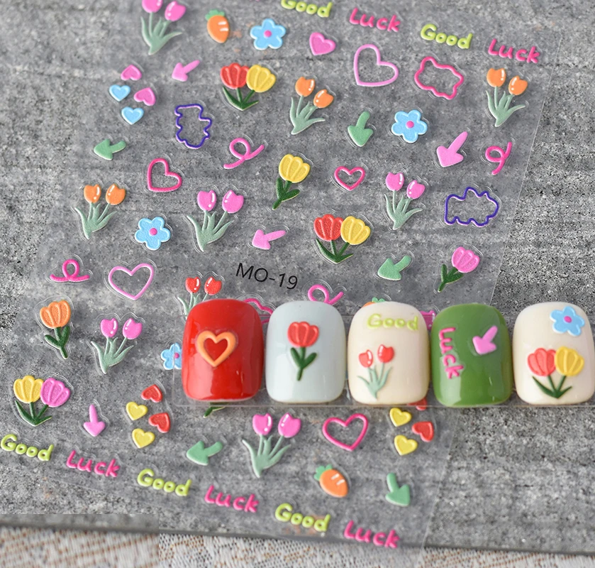 3pcs Candy Jelly Tulips Daisy Flowers Heart Butterflys Nail Art Stickers 5d Embossed Nail Decals For Manicure Tips Beauty DIY