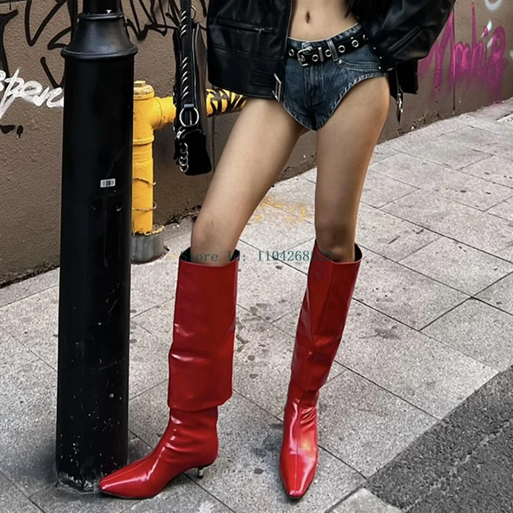 Red Metallic Leathet Pleated Boots Sexy Pointed Toe Metallic Heel Knee High Slip On Solid  New Arrivals Fashion Slouchy Boots