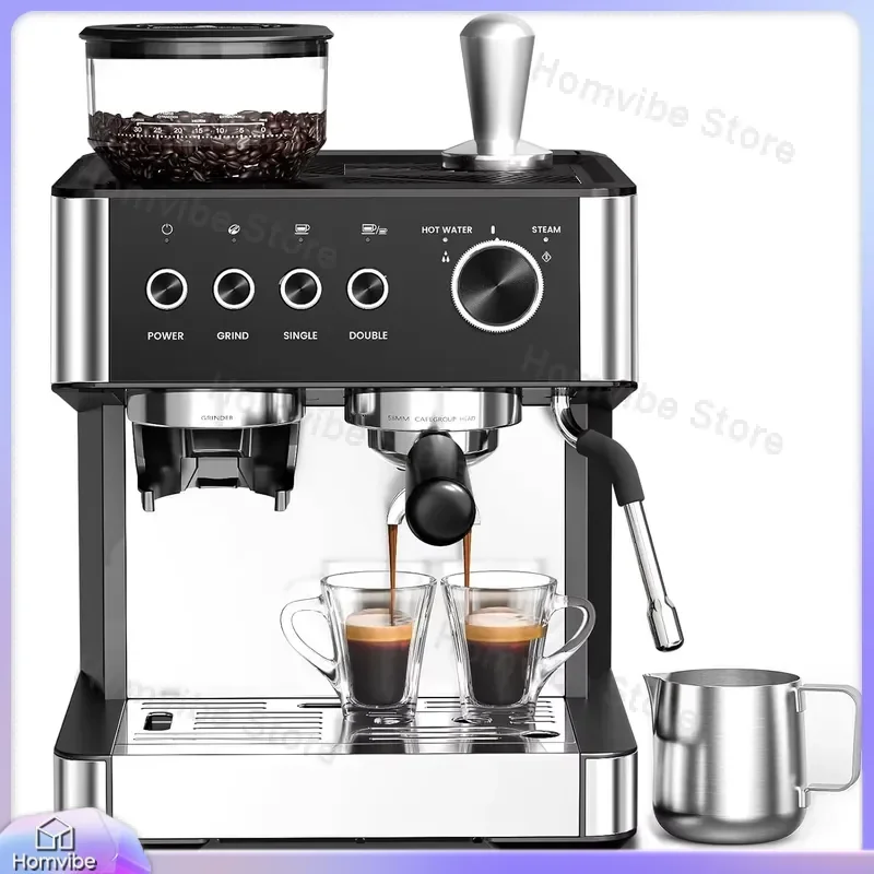 20 Bar Espresso Machine with Built-in Grinder and Milk Frother Steam Wand for Latte Cappuccino Americano Coffee Maker Home