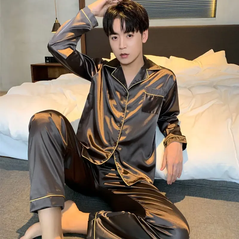 Pajamas For Men Home Clothes Silk Satin Sleepwear Long sleeve Pajama Sets Winter Sleep Tops Pants Large Size Lounge Night Wear