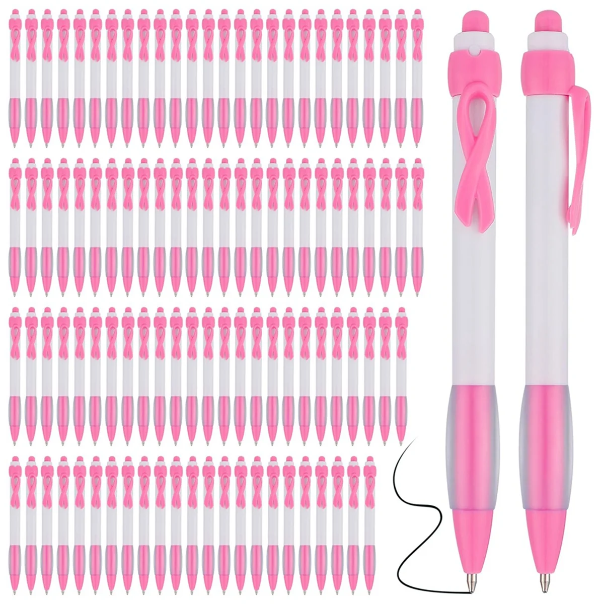 100Pcs Pink Ribbon Pens Bulk, Black Ink Retractable Ballpoint Pens for Office Supply Women Gift