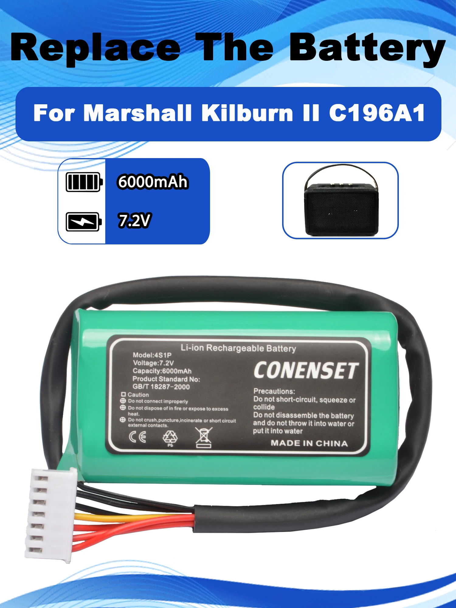 Bateria de alto-falante de substituição 7.2v 5200mah c196a1 para marshall kilburn ii v2 alto-falante sem fio bluetooth TF18650-3200-4S2PA