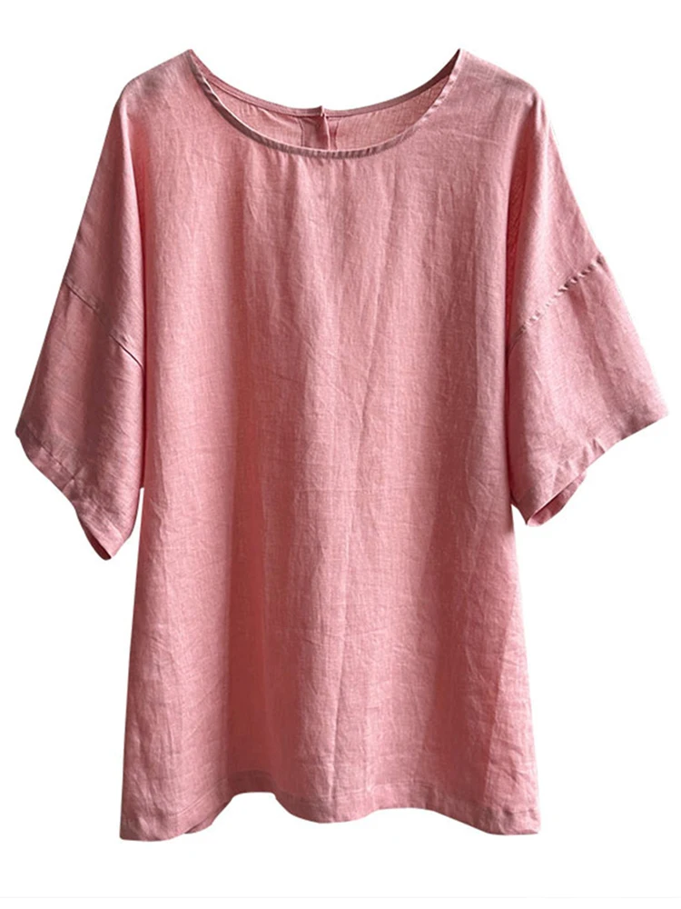 YERMORA Pink Color Back Button Linen Thin Blouse For Women O-neck Half Sleeve Loose New Shirt Fshion Tide Spring Summer 2025