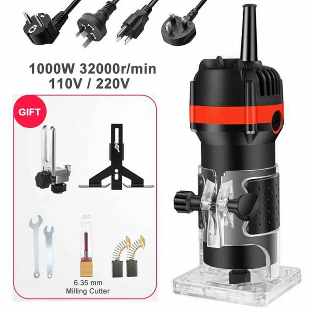 Electric Router Trimmer 1000W Milling Engraving Slotting Machine Wood Router Trimmers 32000RPM Woodworking Manual Trimming Tools