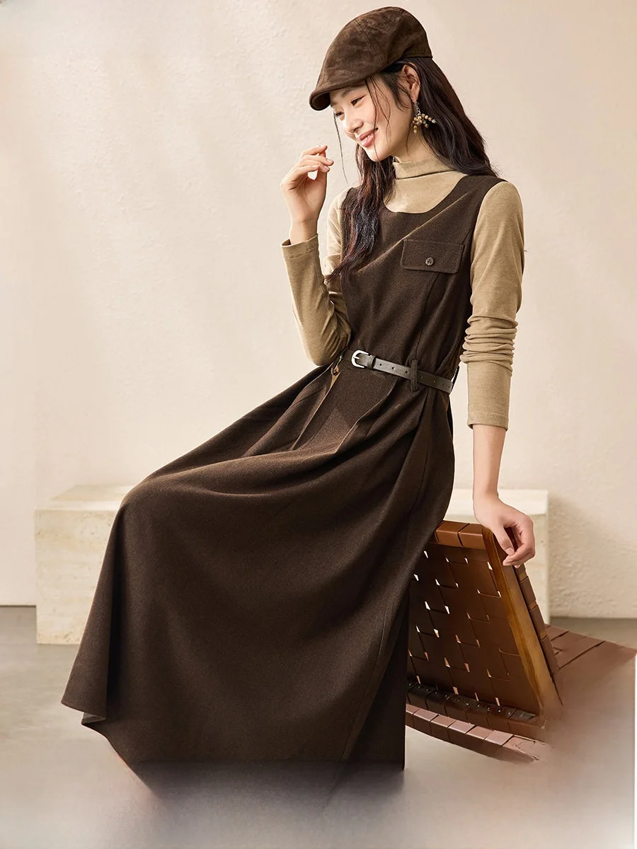 

Ele Simple Long Dr Faux из двух частей с поясом и поясом, lectual Sle, женский осенний сезон, полиэстер, вязкий...