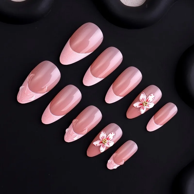 24 Stück Einfache Rosa Französische Aufklebenägel Süße 3D-Geschnitzte Blumen Ins Nagelspitzen für Spice Girls Modische Künstliche Nägel Tragbare Nagelkunst