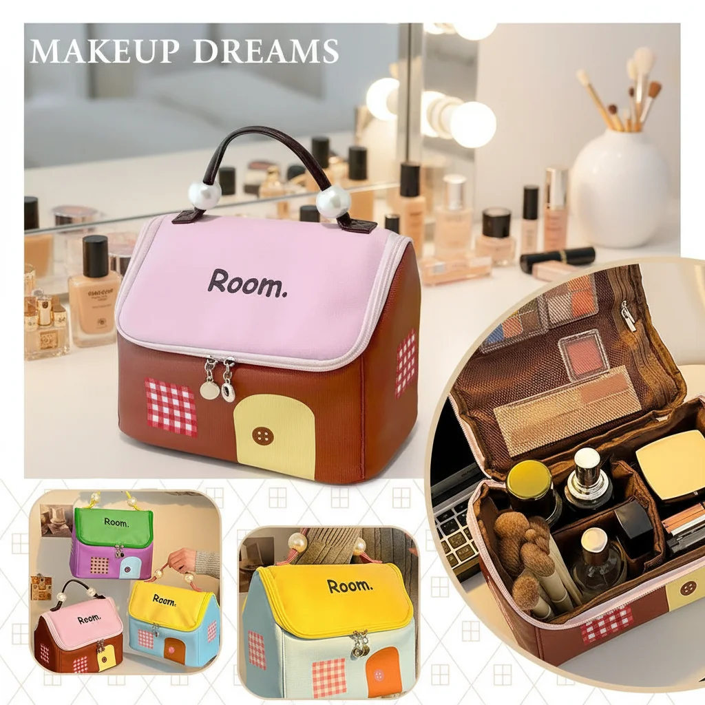 Women's Portable Handheld Waterproof Makeup Bag Large Capacity Cosmetics Storage Bag Dopamine Small House Design
