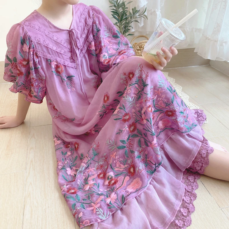 

TIYIHAILEY Spring Summer Women Embroidery Lace Dress With Lining Lantern Sleeve Long Mid-Calf Ladies Loose A-line Purple Dresses