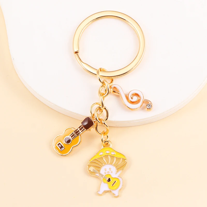 Lovely Enamel Mushroom Elf Guitar Strawberry Keychain Kawaii Cartoon Pendants Keyring For Women Men Car Key Bags Hanging Jewelry