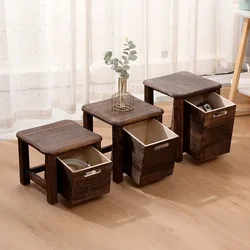 Solid Wood Nordic Storage Square Stool with Drawer Entrance Hallway Change Shoes Bench Sofa Bedside Low Table Ottoman Cabinet