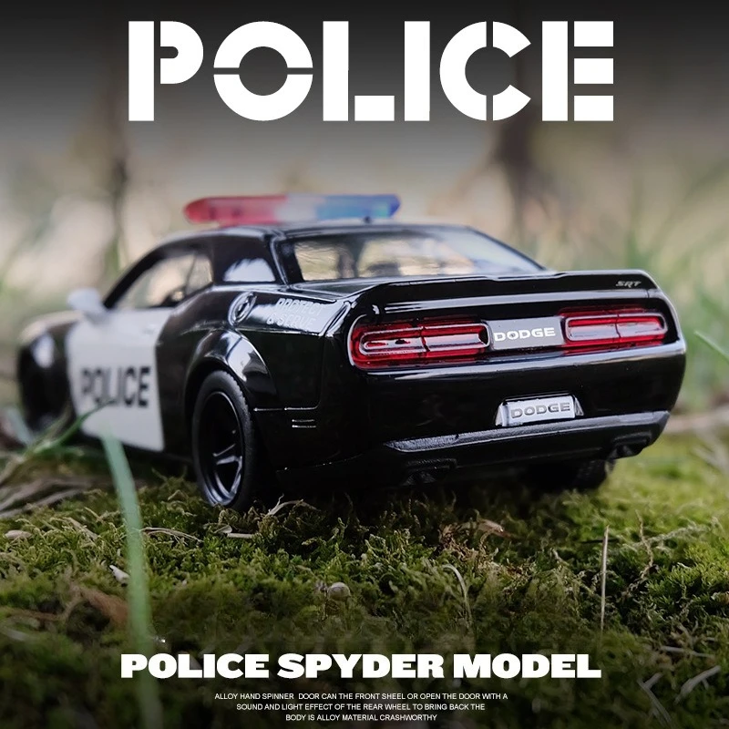 Simulation 1/36 Scale Dodge Challenger Police Car Alloy Model Pull Back Miniature Voiture Ornaments Home Decor Boy Car Toy Gift