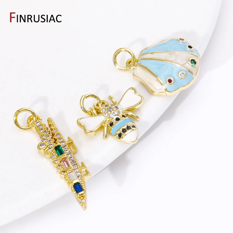 Trendy 18K Gold Plated Brass Zircon Crocodile Pendants,Enamel Shell Bee Charms For DIY Fashion Necklace Making Accessories