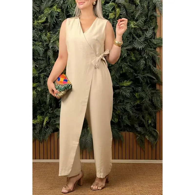 

Summer Women's Solid Color Casual V-Neck Sleeveless Tie-Up Jumpsuits