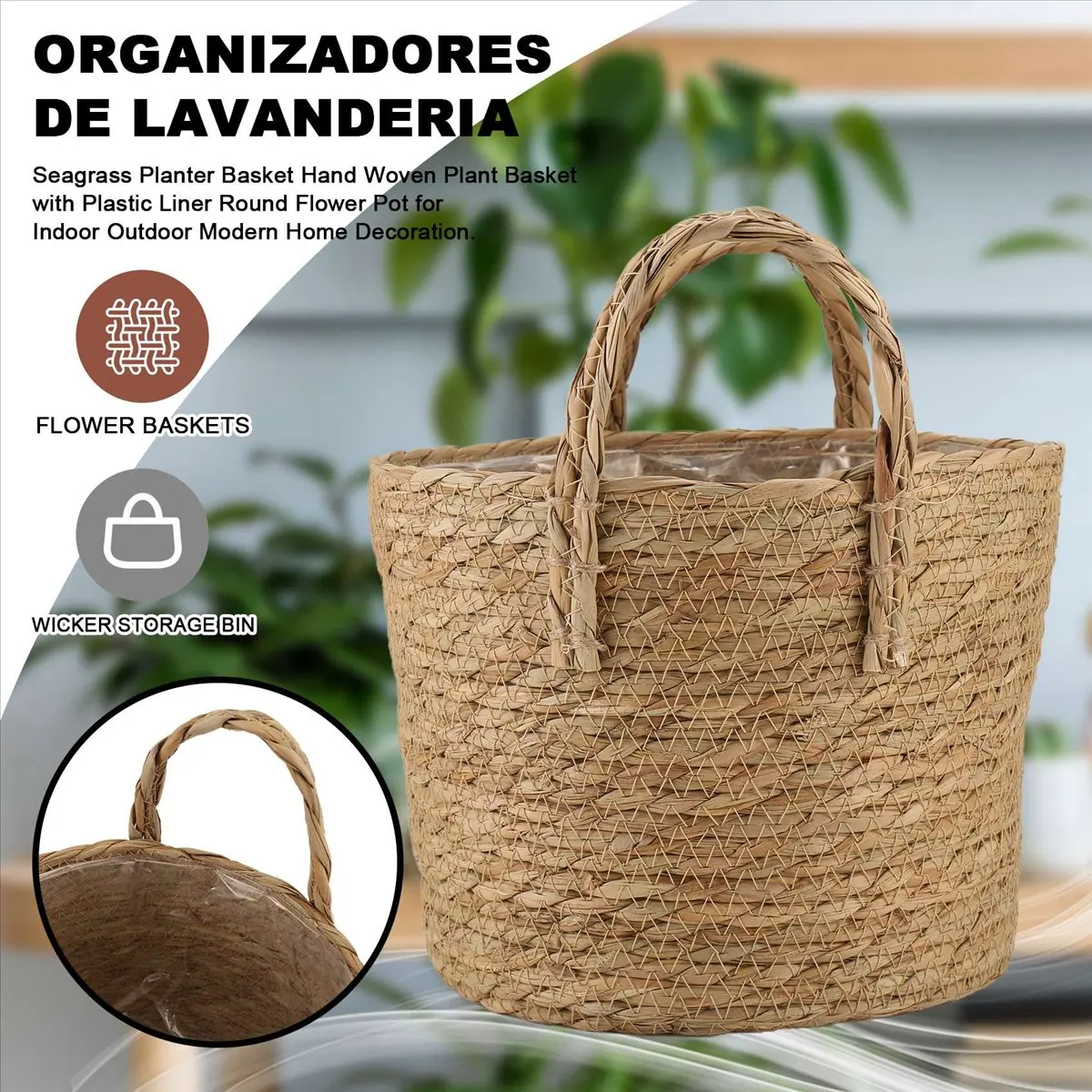 L! DT272^Plant Pots Seagrass Planter Basket Flower Pot Cover Woven Plant Container Vase Wicker Trash