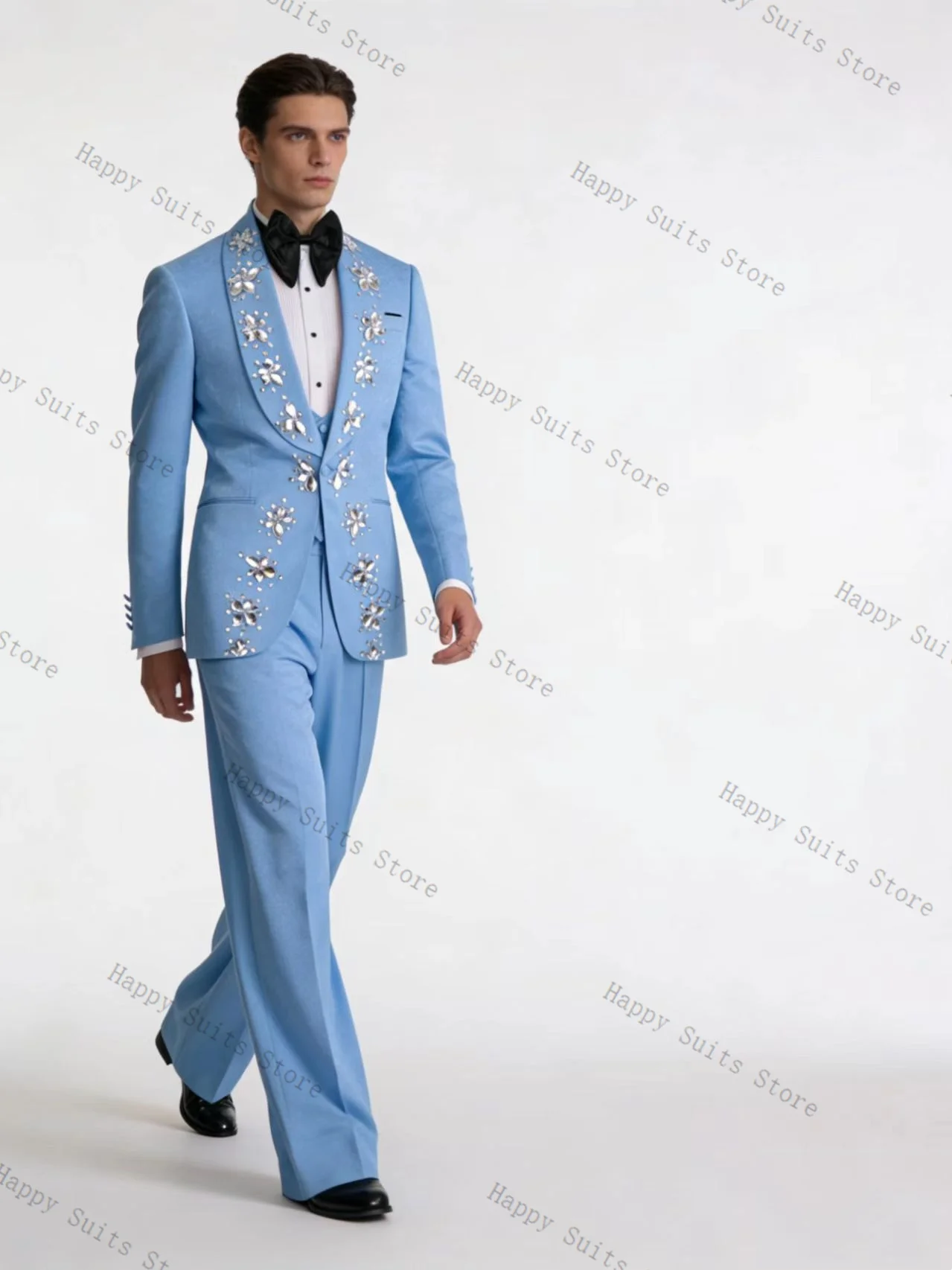 

Luxury Blue Men Suit Set 2 Pcs Groom Blazer+Pants Trousers Crystals Formal Office Coat Wedding Tuxedo Customized Jacket Outfit