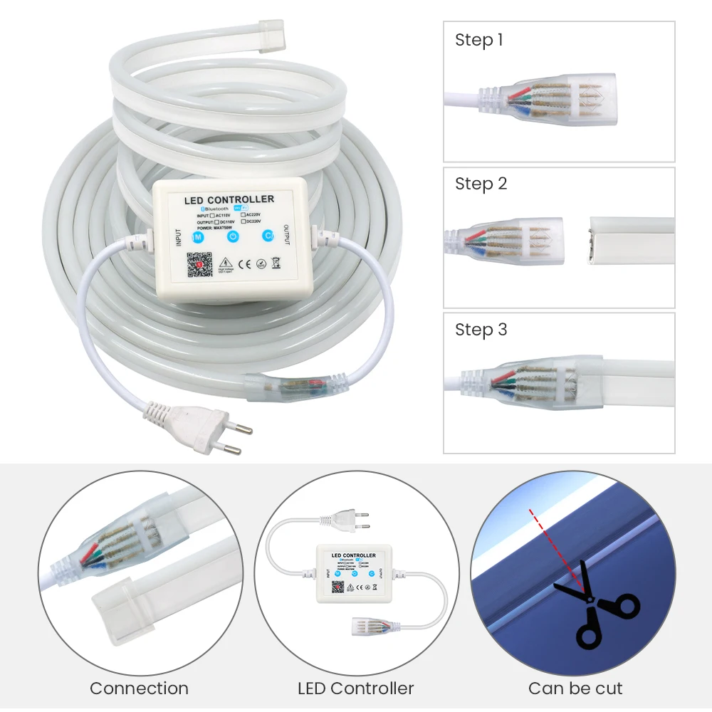 Fita LED Neon Tuya Inteligente, Regulável, Sinal RGB, Bluetooth, Wi-Fi, Controle Remoto, Fita de Música IP67, Decoração do Quarto, AC 110V, 220V