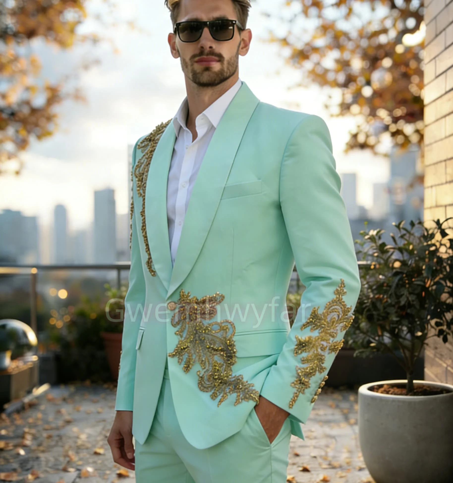 

Gwenhwyfar Mint Green Men's Golden Diamond Designed Suits Customized Groom Tuxedos Luxury Customized Prom Party Blazer Pants