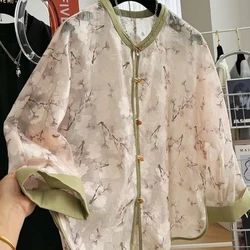 Chinese Style Retro 2024 Summer New Blouses Women's Round Neck Spliced Printed Asymmetric Button Loose Fashion Long Sleeve Shirt