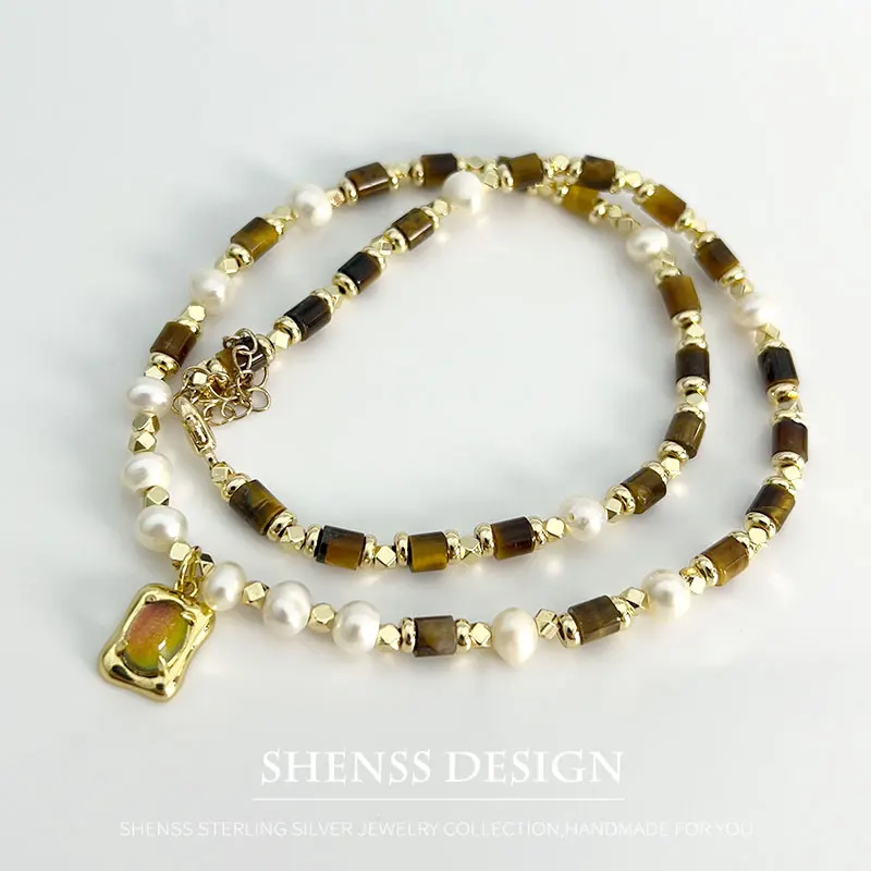 

Natural Freshwater Pearl Tiger Eye Stone Necklace Orange Pendant 14k Copper Plated Gold Jewelry
