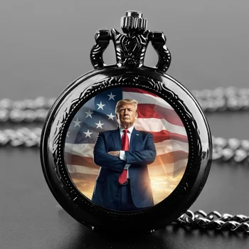 TRUMP 2024 We Won Relógio de bolso - Movimento de quartzo, mostrador redondo, colar de bronze exclusivo, presente de lembrança