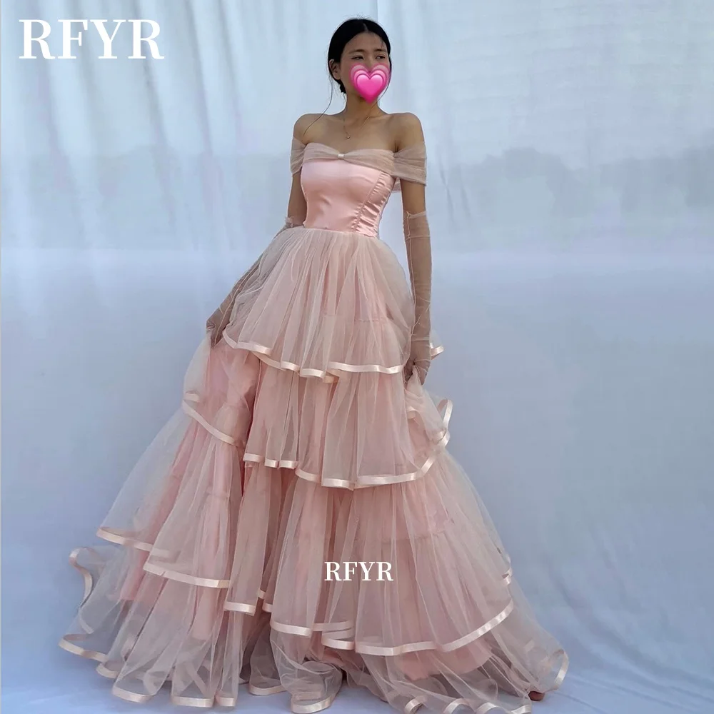 

RFYR Fluffy Princess Dress Layers Prom Dress with Pleats Evening Dress Off Shoulder robes de soirée Customized