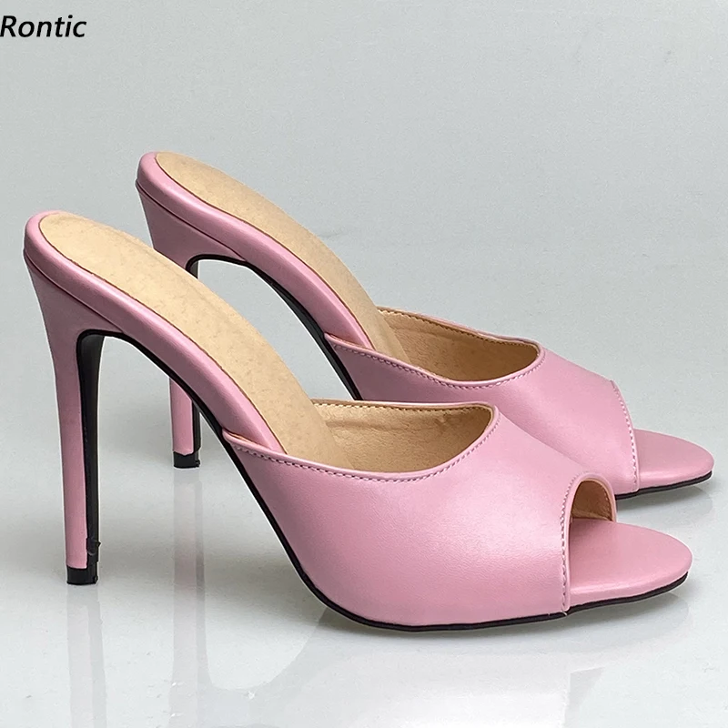 

Rontic/Новое поступление, женские сандалии-мюли, тапочки, пикантные туфли на шпильке с открытым носком, великолепные розовые, белые туфли цвета фуксии, размер США 5-15