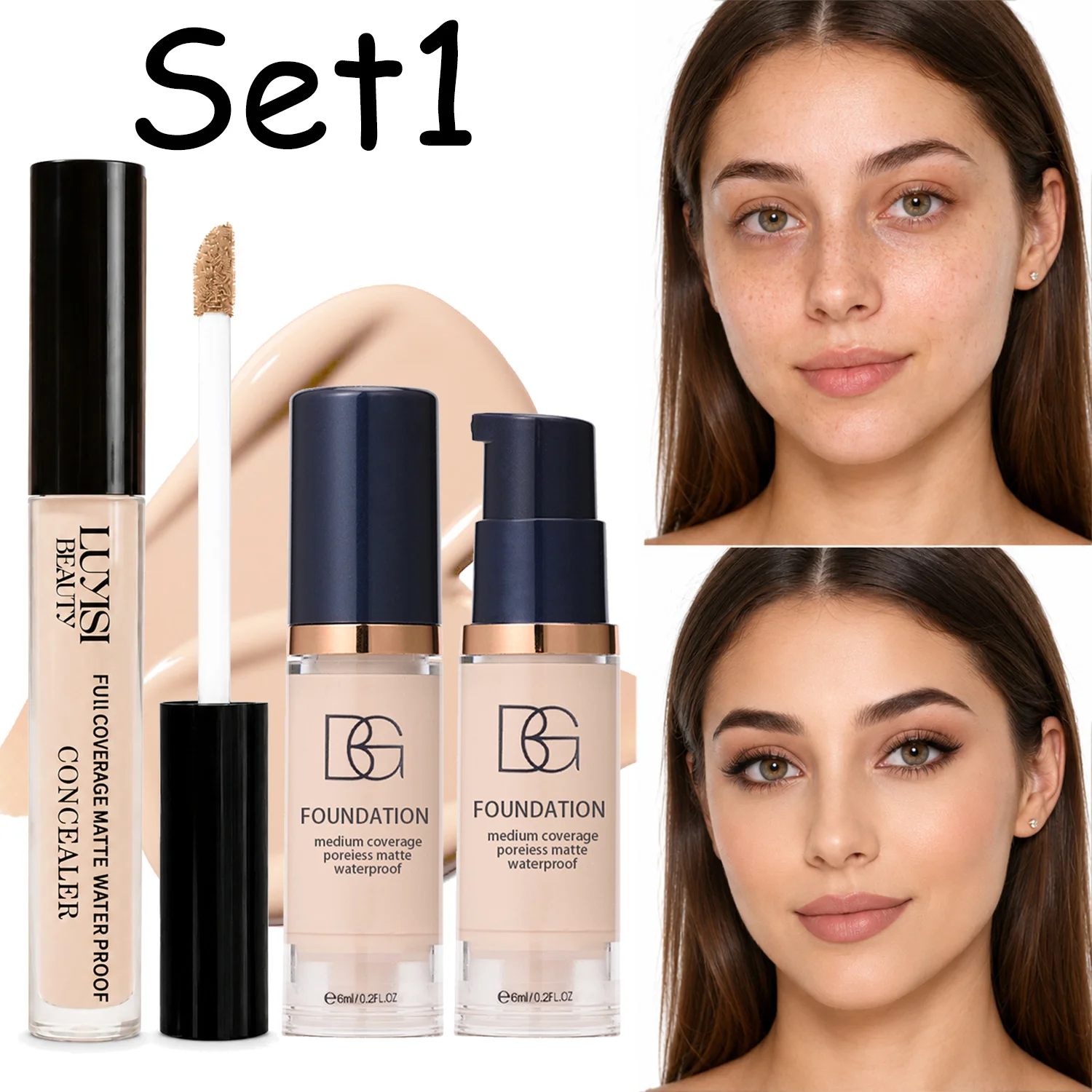 2-teiliges Concealer- und Foundation-Set, wasserfest, langanhaltend, matt, natürliches Finish, makellose Haut-Kombination, vollständig deckendes Gesichts-Make-up.