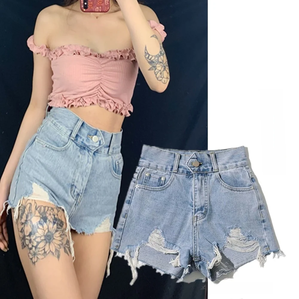 

Американские джинсовые шорты с высокой талией для женщин, модные, без рваных элементов, в стиле Hong Kong, с асимметричными дырками