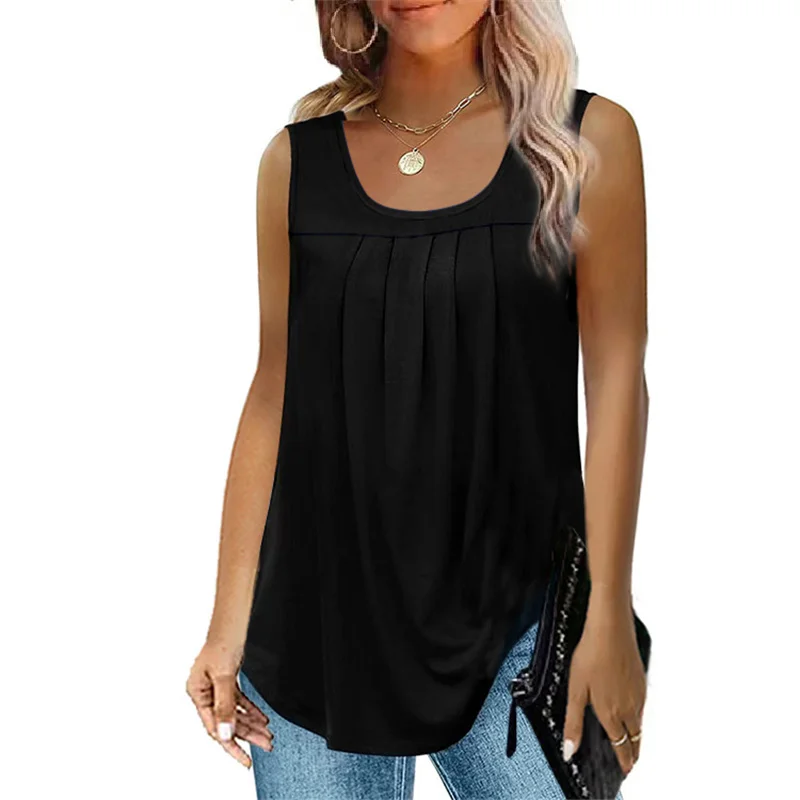 

Women's Sleeveless Pleated Splice Tops Elegant Solid Color Loose Street Casual Daily Tees Female Cotton T-Shirt O Neck Vest 5XL