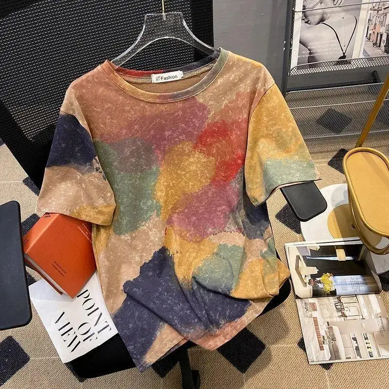 

Women High Street Casual Loose Tie Dye Pullovers Comfortable All-match Tops Summer New Round Neck Fashion Short Sleeve T-shirt