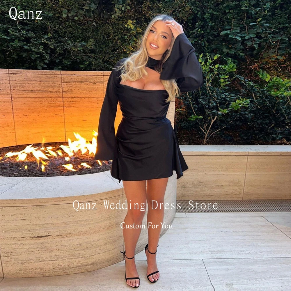 

Qanz Cap Sleeves Mini Homecoming Dress for Teens Hollow Corset Black Cocktail Dresses Customized Prom Party Vestidos De Fiesta