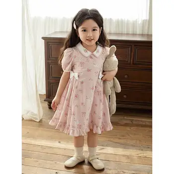 2024 Flowers Animal Print Holiday Baby Girl Dress Ruffled Pink Sweet Cute Newborn Girl Princess Dresses Bow Infant Clothing