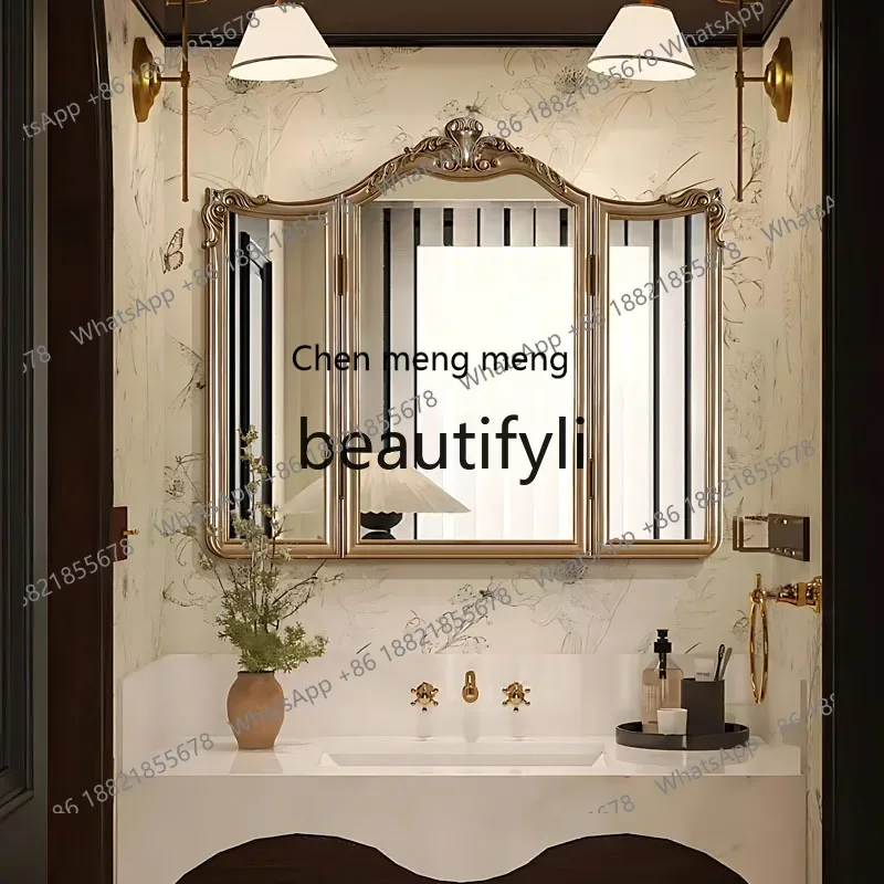 French vanity mirror, desktop American retro bedroom makeup, European folding three-sided mirror2936