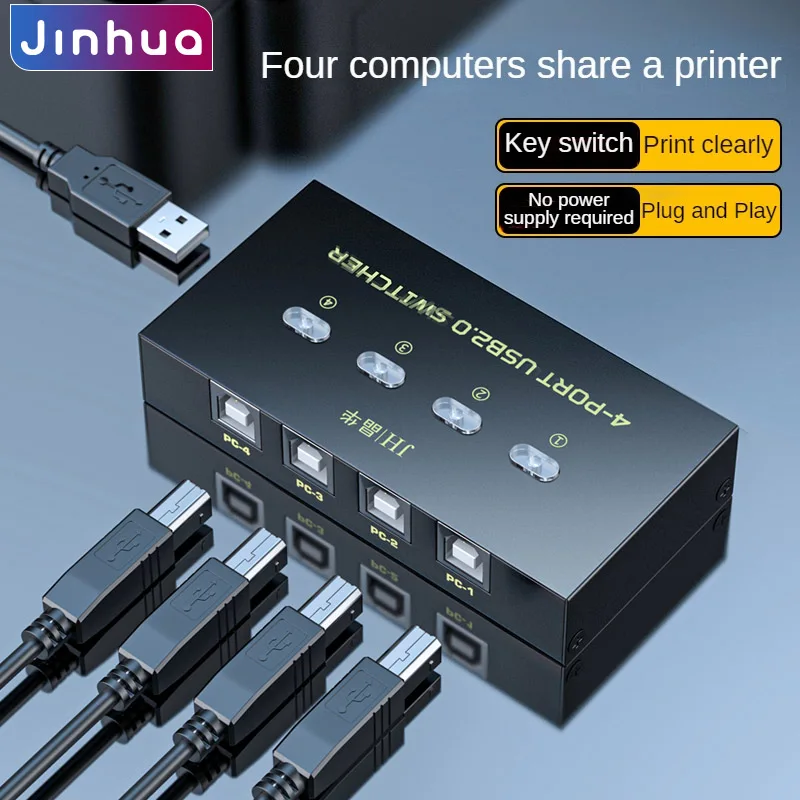 4-Port USB 2.0 Printer Switch, 4 Computers Share 1 Printer, One-Click Switch, Plug & Play