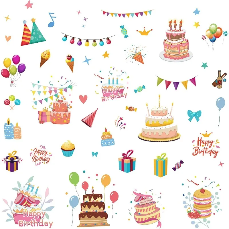 1Set 8 Styles Happy Birthday Cake Wall Stickers Decals Balloon PVC Window Waterproof Self Adhesive Vinyl Cling Peel and Stick