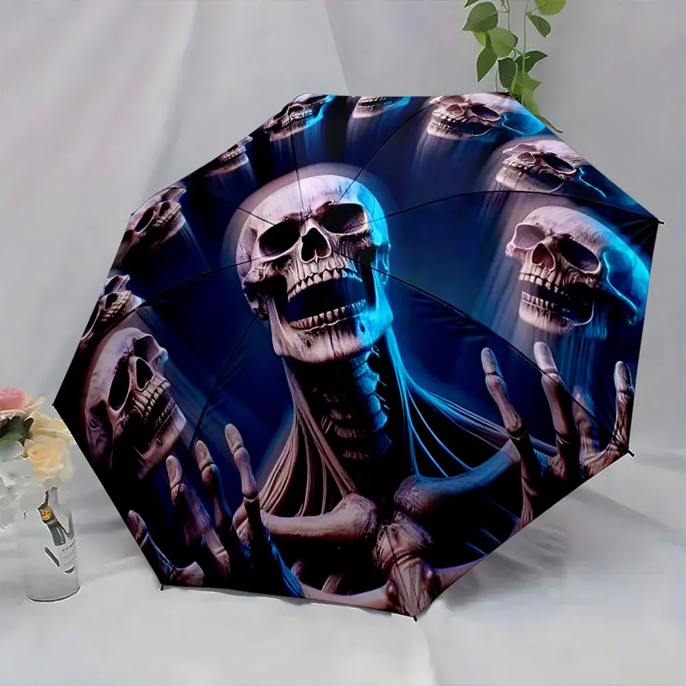 1PC Skull Design Umbrella with Striking Dark Aesthetic Print 8 Iron Ribs Folding Umbrella Auto-Open Fashion Sunshade