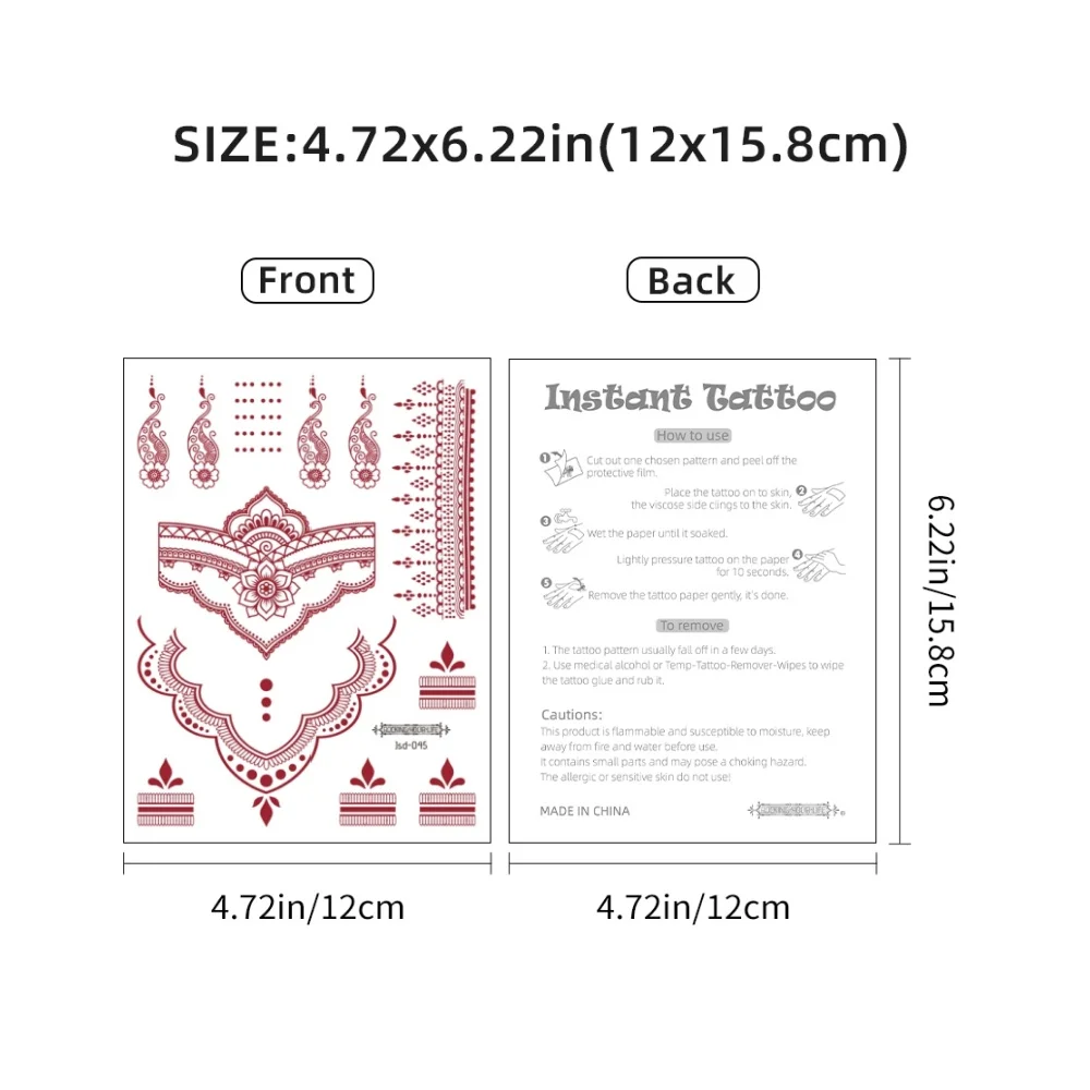 6 أوراق تاتو حناء مؤقت مقاوم للماء للنساء والفتيات مثير لليد والقدم فن الجسم الهند زهرة حمراء تصميم ملصقات الجسم