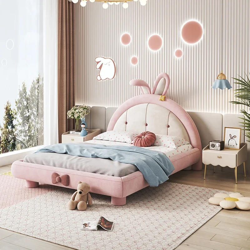 Children's furniture Pink rabbit Children's bed Girls Princess bed Solid wood single bed