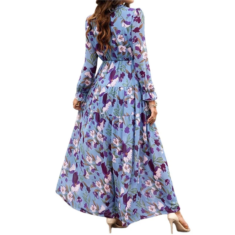 ASDS-Damska codzienna sukienka boho z głębokim dekoltem w serek i długim rękawem