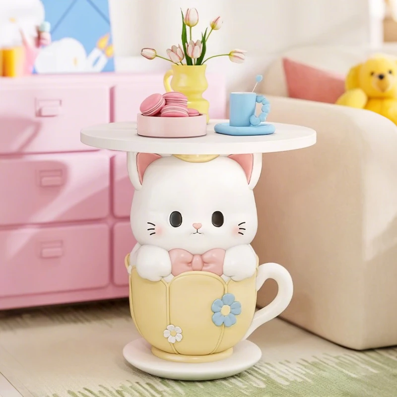 Kawaii Room Decor Coffee Table Sofa Side Table Girl Bedroom Nightstand Cartoon Cat Floor Decoration Cream Living Room Furniture