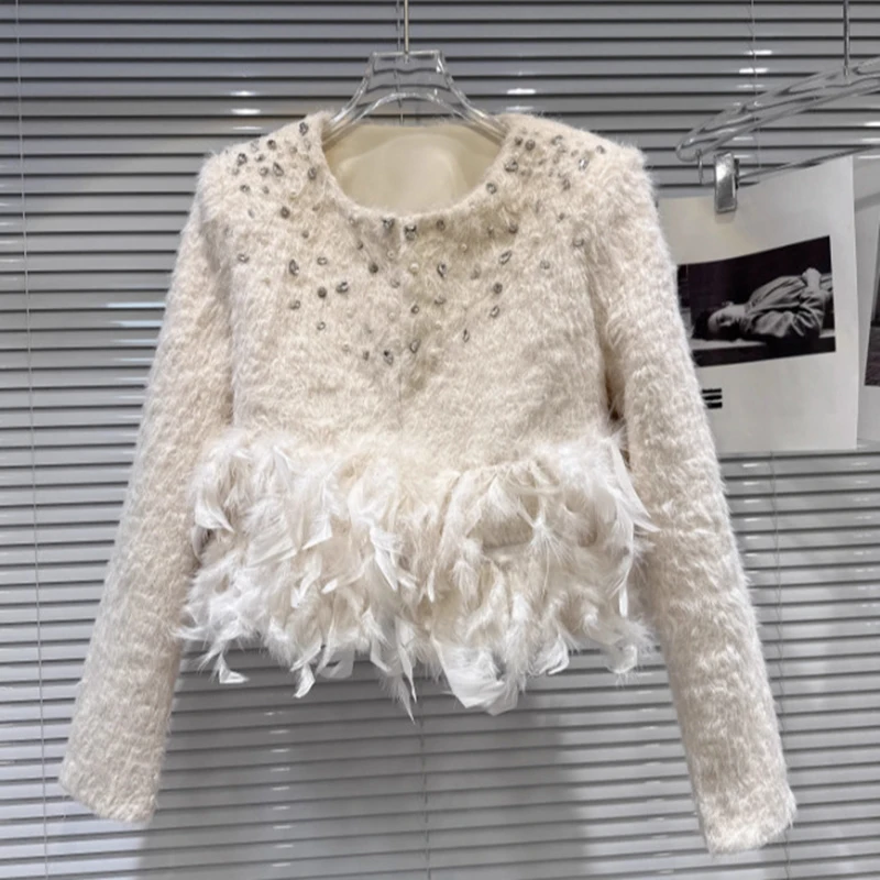 New sweet and smal fragrant style autumn and winter nail drill feather rough edge woolen short jacket women temperament coat