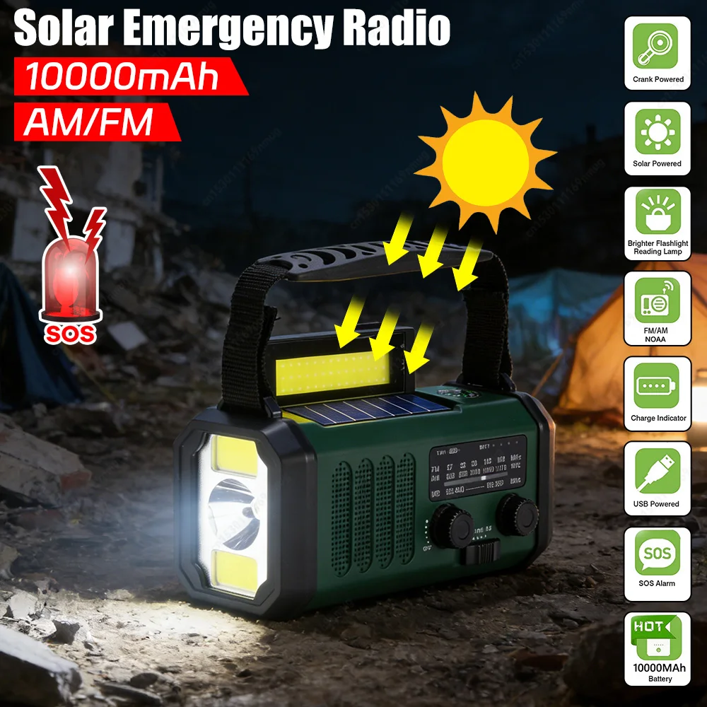 

Светодиодное метеорологическое радио AM/FM/WB с аккумулятором 10000 мАч, аварийный повербанк, фонарик, лампа для чтения, солнечное аварийное радио, зарядка Type-C, сигнализация SOS