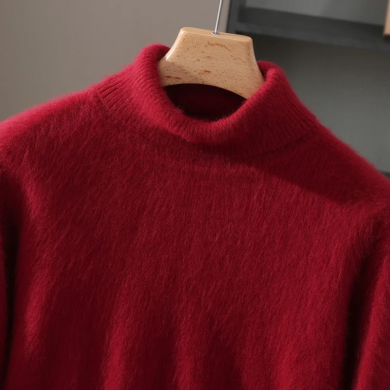 Fall/Winter Turtleneck 100% Pure Mink Cashmere Sweater Men's Loose Lapel Thick Sweater Knitted Solid Color Bottoming Shirt