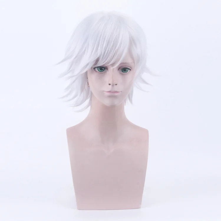 วิกผมสังเคราะห์ยาวสั้นสำหรับฮาโลวีน วิกผมสั้นสีขาวสำหรับผู้ชายหรือผู้หญิง วิกผมคอสเพลย์อนิเมะ วิกผมชั้นฟูสำหรับแต่งกาย