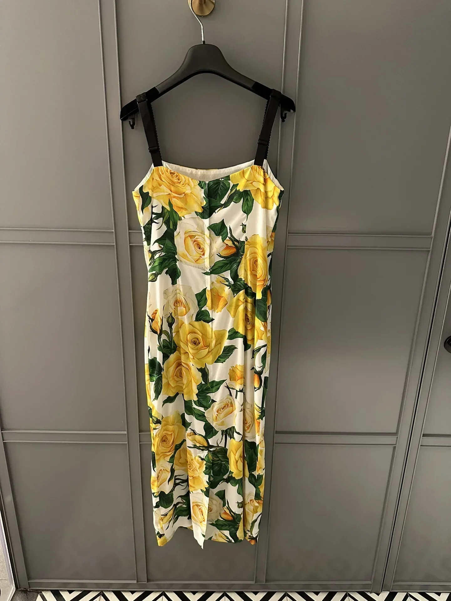 2024 Spring Summer NEW Silk Yellow Rose Printed Square Neck Slim Fit Midi Dress Women Sleeveless Skirt elegant evening clothing