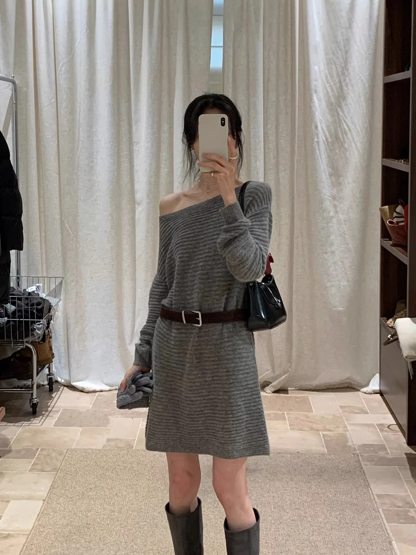 

BRIVIN Light ey Woolen Asymmetrical oulder Dr with Belt Women's Mid-Length Slimming Dr Korean Sle Casual Wear