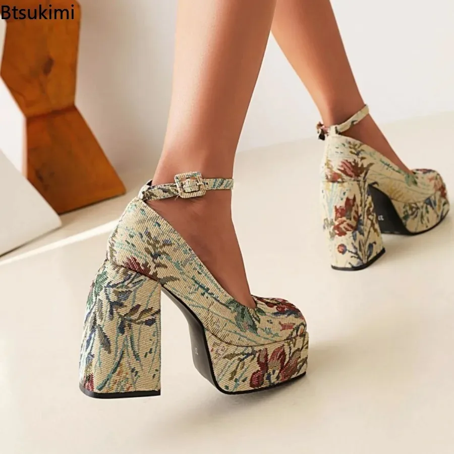 2026 New Four Seasons Women Pumps 34-48 Plus Size Length Microfiber Leather Upper Embroider Sexy Shoes Thick Heel Women's Shoes
